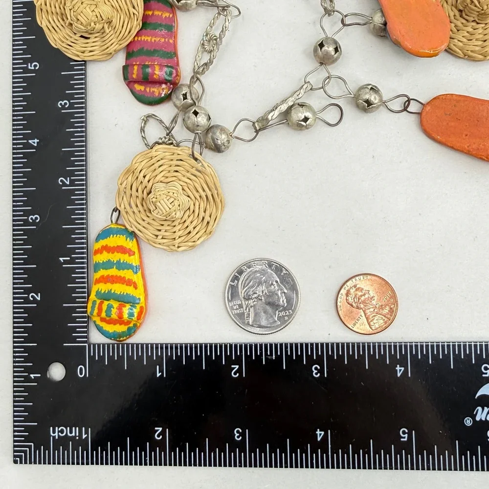 Vintage Mexican Wedding Necklace Folk Art Sombrero Huarache Charms Silver Tone